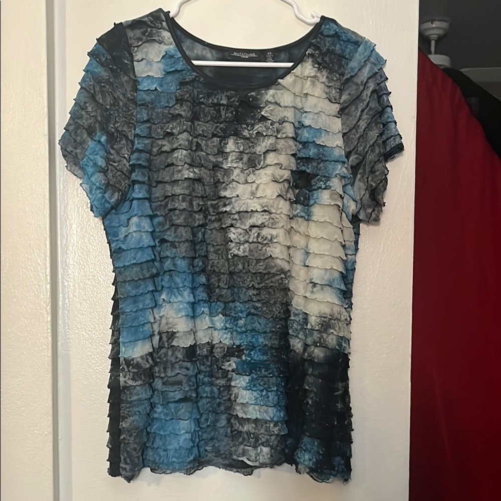 Notations Blue and White Ruched Short Sleeve Tee